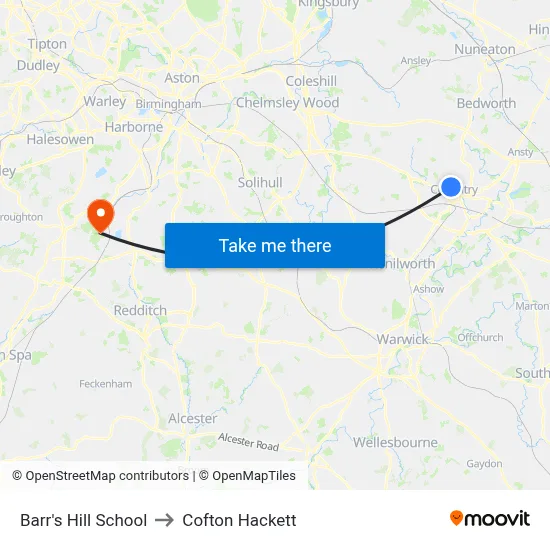 Barr's Hill School to Cofton Hackett map