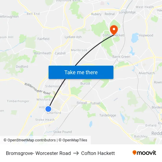 Bromsgrove- Worcester Road to Cofton Hackett map