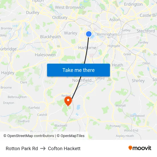 Rotton Park Rd to Cofton Hackett map