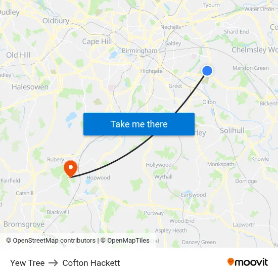 Yew Tree to Cofton Hackett map