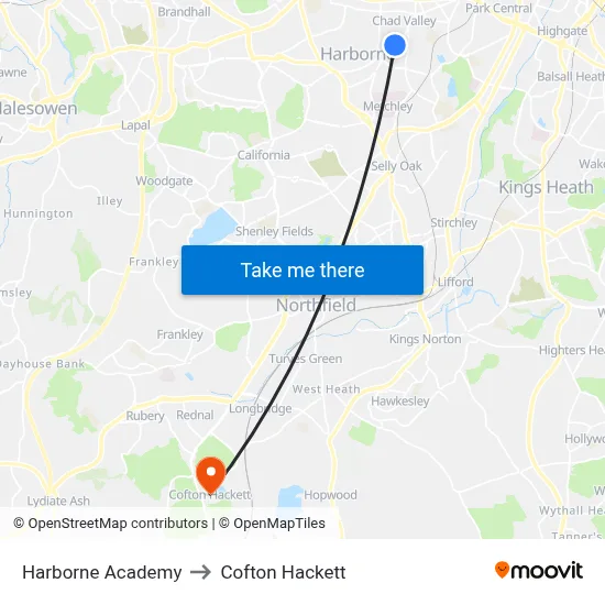 Harborne Academy to Cofton Hackett map