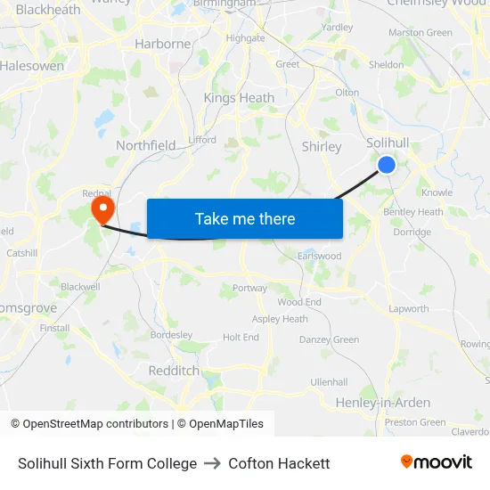 Solihull Sixth Form College to Cofton Hackett map