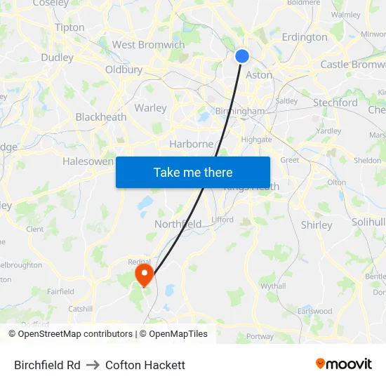 Birchfield Rd to Cofton Hackett map
