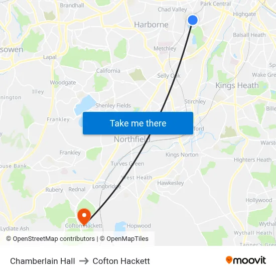 Chamberlain Hall to Cofton Hackett map