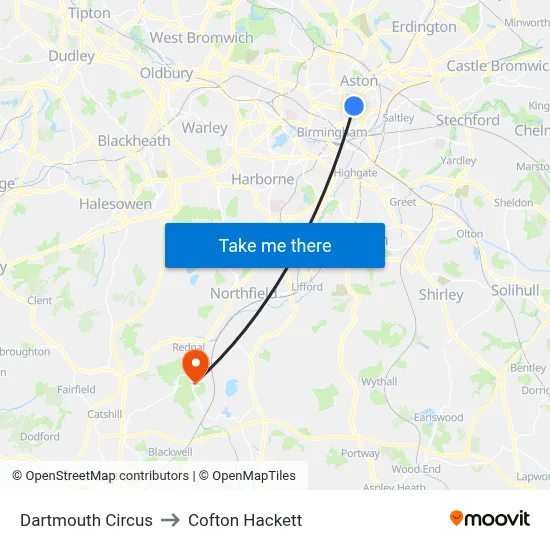 Dartmouth Circus to Cofton Hackett map