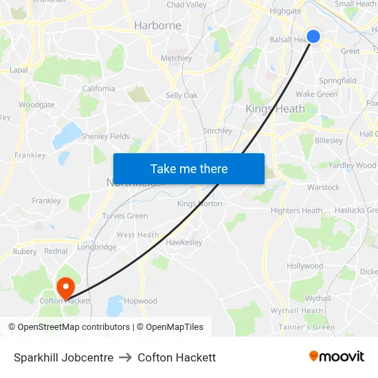 Sparkhill Jobcentre to Cofton Hackett map