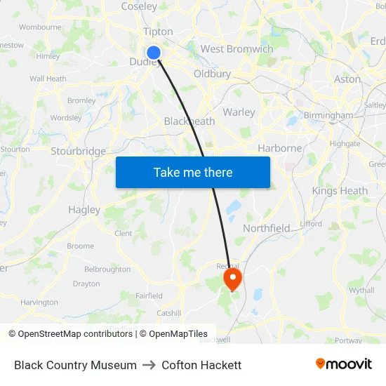 Black Country Museum to Cofton Hackett map