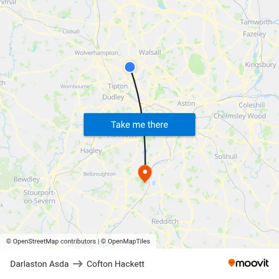 Darlaston Asda to Cofton Hackett map
