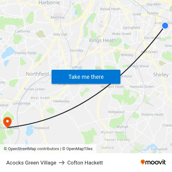 Acocks Green Village to Cofton Hackett map