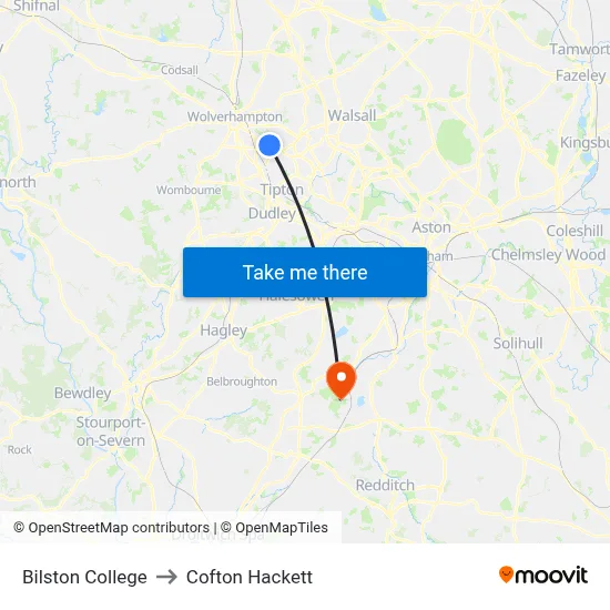 Bilston College to Cofton Hackett map