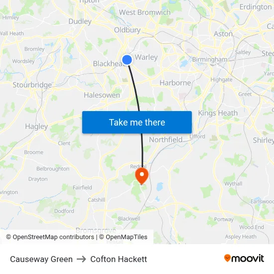 Causeway Green to Cofton Hackett map