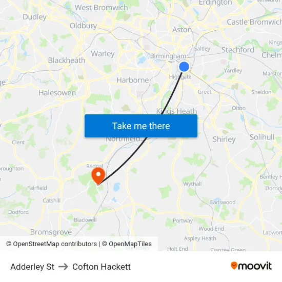 Adderley St to Cofton Hackett map