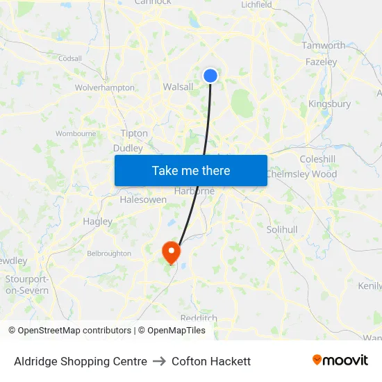 Aldridge Shopping Centre to Cofton Hackett map