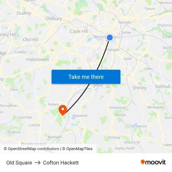 Old Square to Cofton Hackett map
