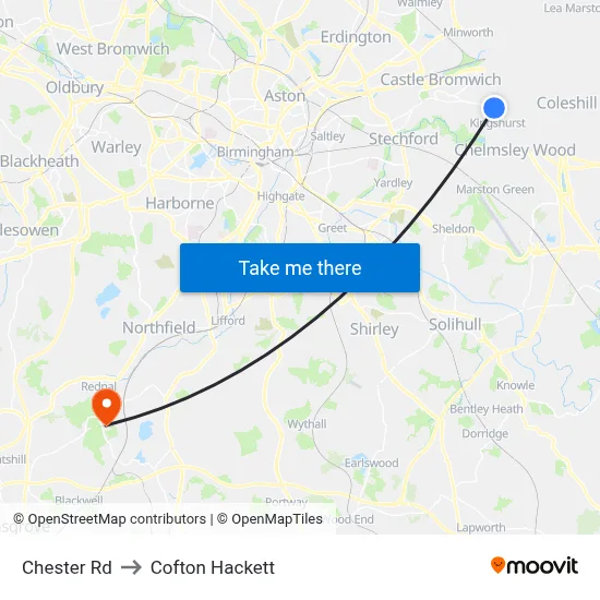 Chester Rd to Cofton Hackett map
