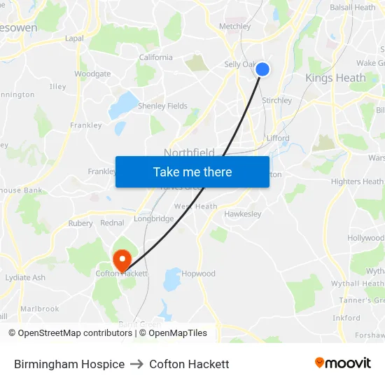 Birmingham Hospice to Cofton Hackett map