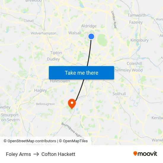 Foley Arms to Cofton Hackett map