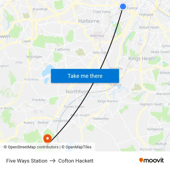 Five Ways Station to Cofton Hackett map