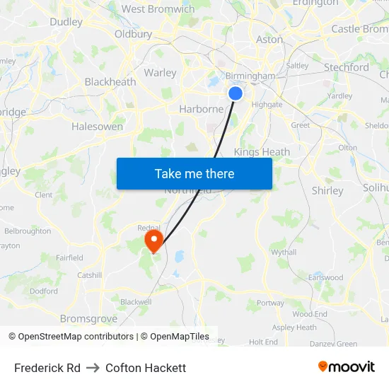 Frederick Rd to Cofton Hackett map
