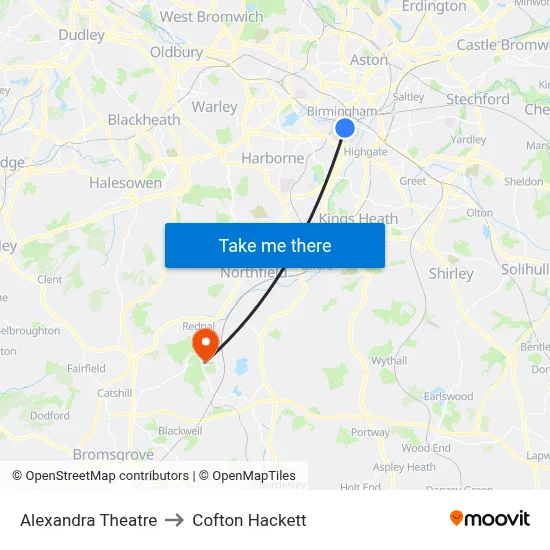 Alexandra Theatre to Cofton Hackett map