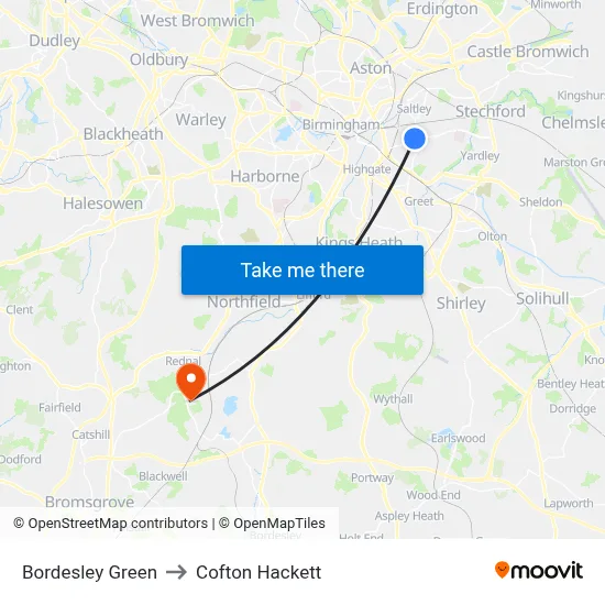 Bordesley Green to Cofton Hackett map