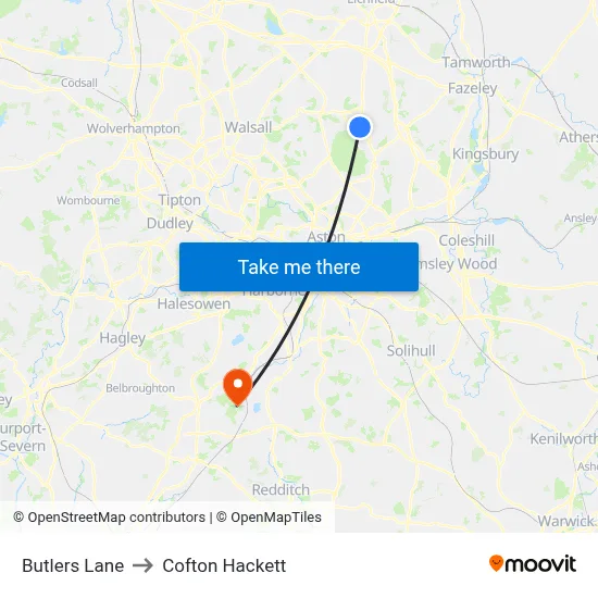 Butlers Lane to Cofton Hackett map