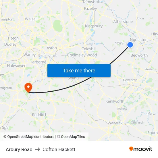 Arbury Road to Cofton Hackett map