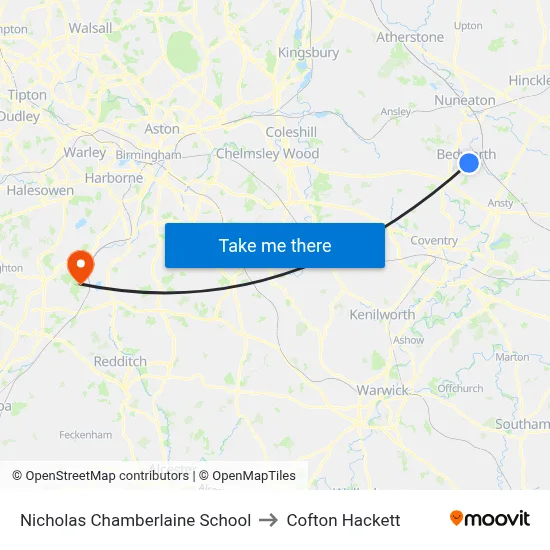 Nicholas Chamberlaine School to Cofton Hackett map