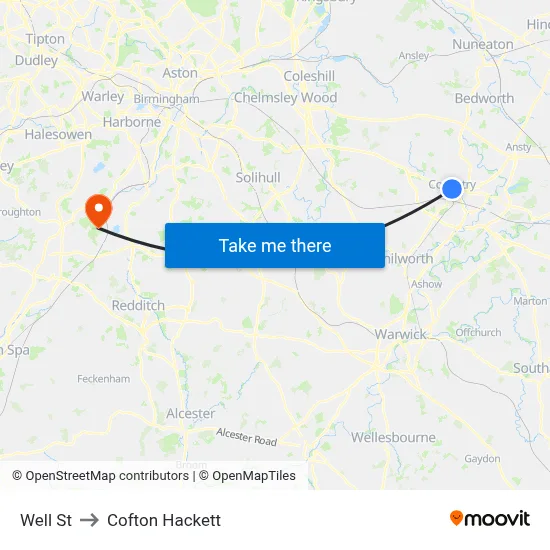 Well St to Cofton Hackett map