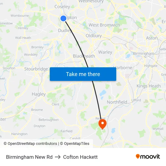 Birmingham New Rd to Cofton Hackett map