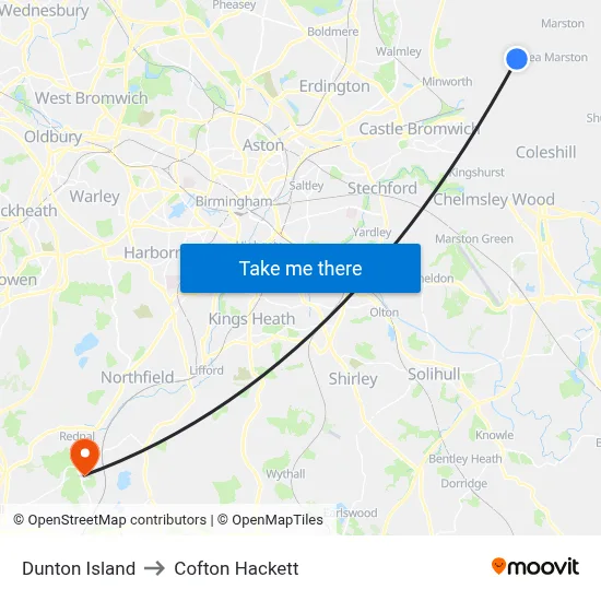 Dunton Island to Cofton Hackett map