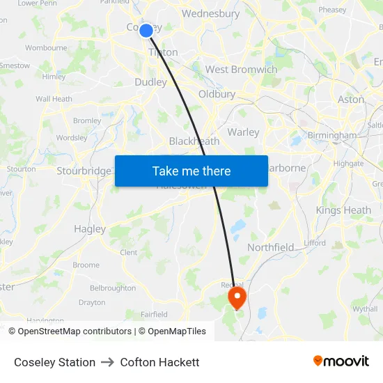 Coseley Station to Cofton Hackett map