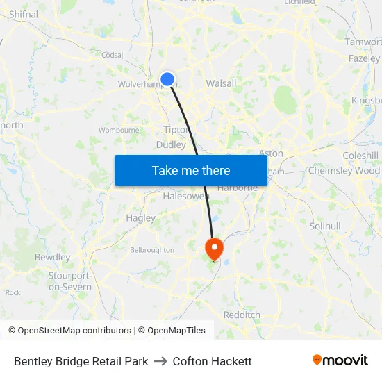 Bentley Bridge Retail Park to Cofton Hackett map