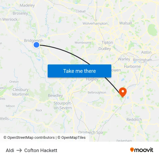 Aldi to Cofton Hackett map