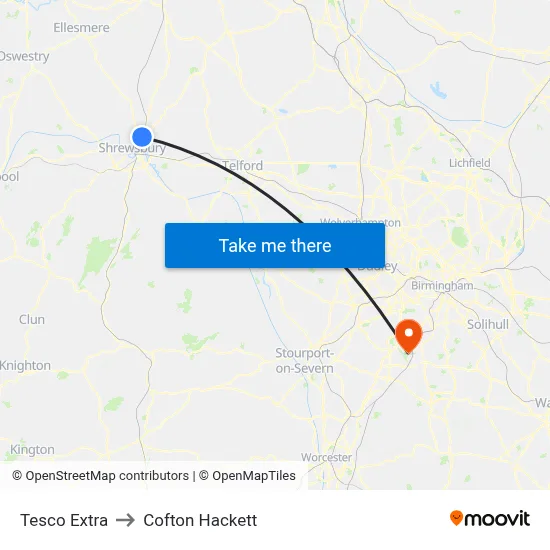 Tesco Extra to Cofton Hackett map