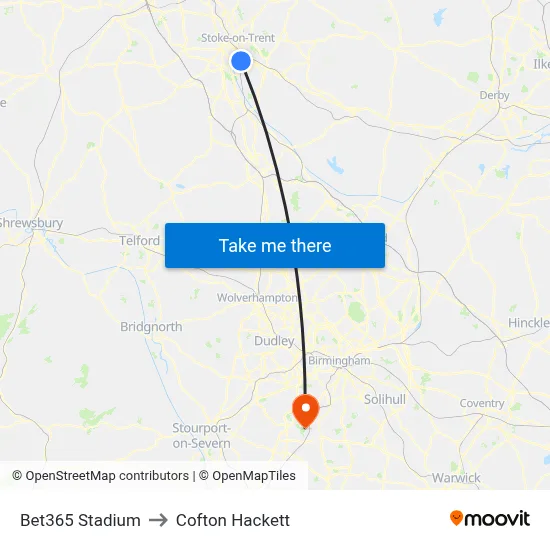 Bet365 Stadium to Cofton Hackett map