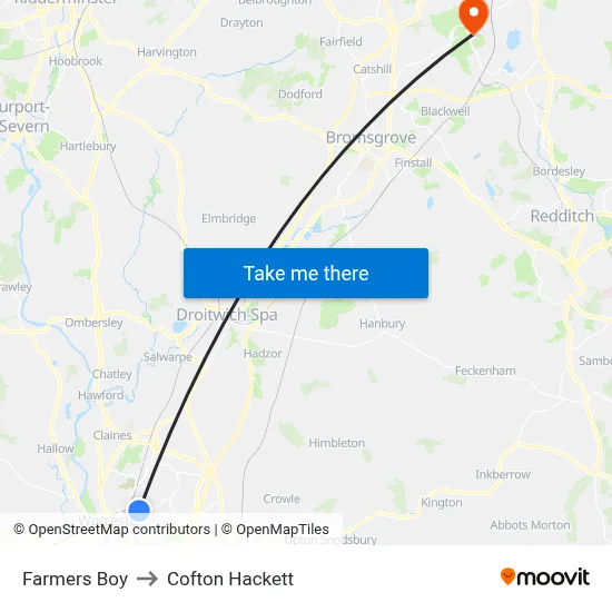 Farmers Boy to Cofton Hackett map