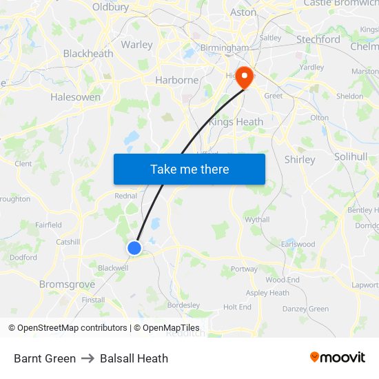 Barnt Green to Balsall Heath map