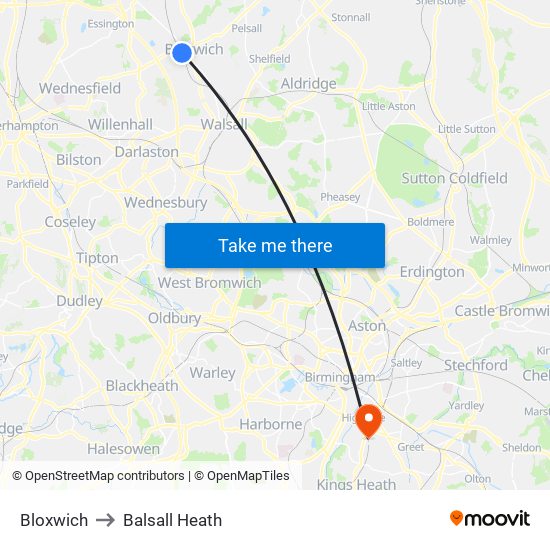 Bloxwich to Balsall Heath map