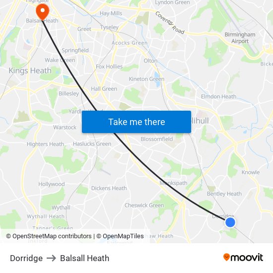 Dorridge to Balsall Heath map