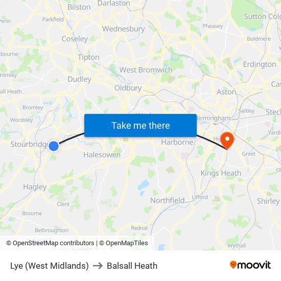 Lye (West Midlands) to Balsall Heath map
