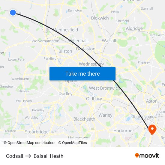 Codsall to Balsall Heath map