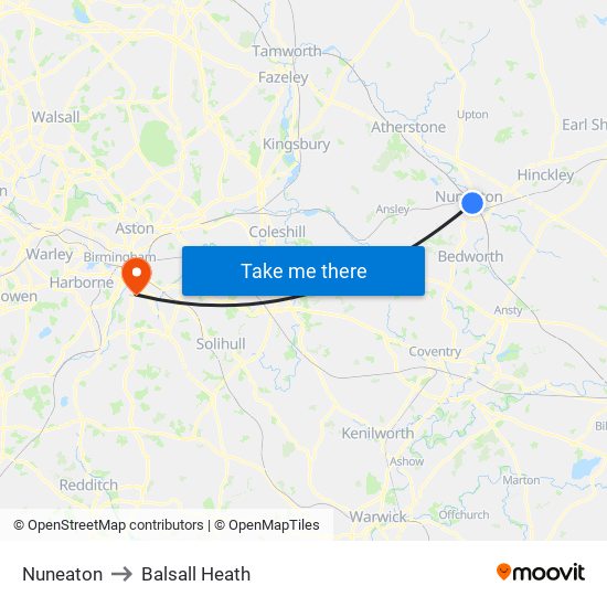 Nuneaton to Balsall Heath map