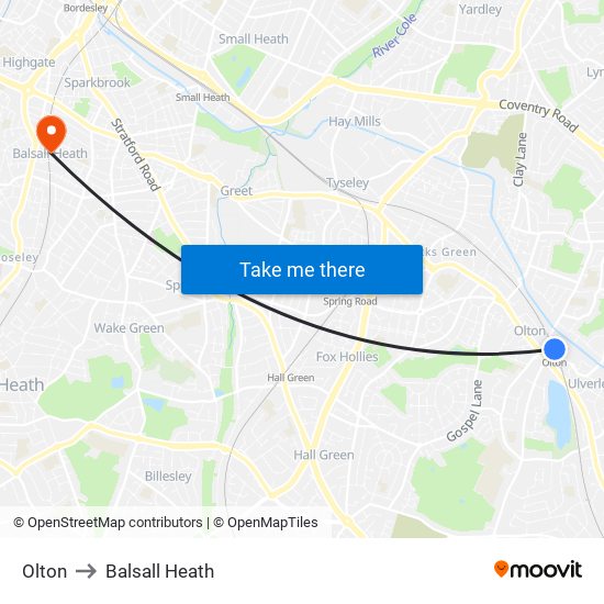 Olton to Balsall Heath map