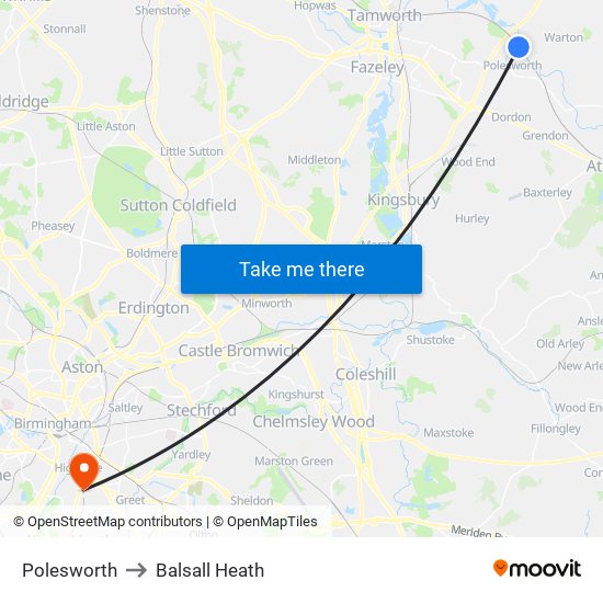 Polesworth to Balsall Heath map