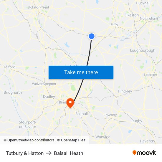 Tutbury & Hatton to Balsall Heath map