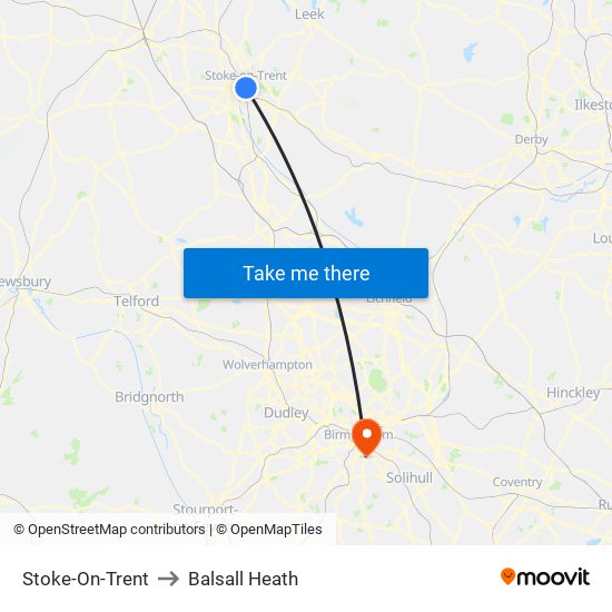 Stoke-On-Trent to Balsall Heath map