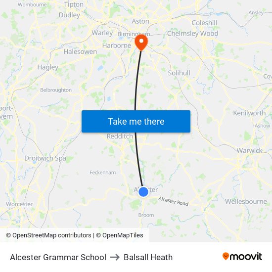 Alcester Grammar School to Balsall Heath map