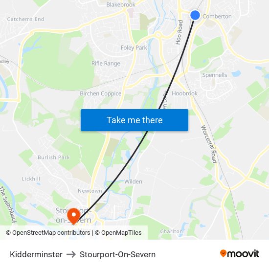 Kidderminster to Stourport-On-Severn map