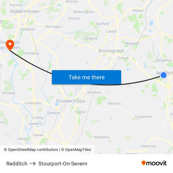 Redditch to Stourport-On-Severn map